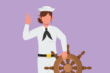 Character flat drawing bravery sailor woman with okay gesture ready to sail across seas in ship that is headed by captain. Cute female sailor traveling across ocean. Cartoon design vector illustration