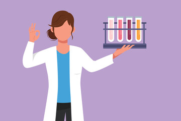 Character flat drawing cute smart female scientist holding measuring tube with okay gesture and examining chemical solution to make vaccine due to pandemic outbreak. Cartoon design vector illustration