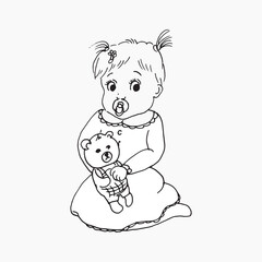 Baby girl with pacifier and teddy bear, is sitting on the floor. Girl is wearing a dress.  Linear black and white vector illustration. Hand drawn sketch. 