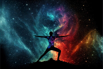 Obraz na płótnie Canvas Man meditate chakra energy with mandala object. Human yoga pose and meditation against universe energy mandala. Sacred geometry healing. Human energy