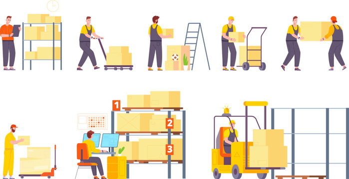 Warehouse employees. Storehouse workers, people work in storage worker on forklift for stock box carrying load cargo freight transport logistic service splendid vector illustration