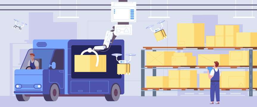 Warehouse drone. Automated warehouses innovation technology robot aircraft drones for unloading freight shipping quadcopter delivery goods and cargo, splendid vector illustration