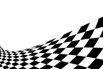 Wavy race flag or chessboard texture. Black and white checkered pattern warped in perspective. Motocross, rally, sport car or chess game competition background - obrazy, fototapety, plakaty