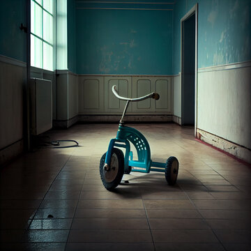 Abandoned Kids Tricycle In A Lonely And Forgotten Place; Generative AI.