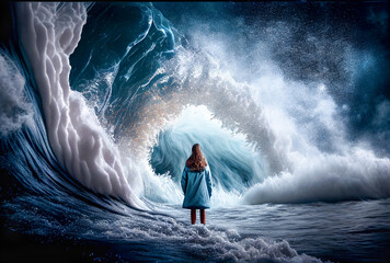 Disheartened Female Standing in the Midst of Turbulent Crashing Waves. Feeling of Overwhelming Demands - Generative AI.