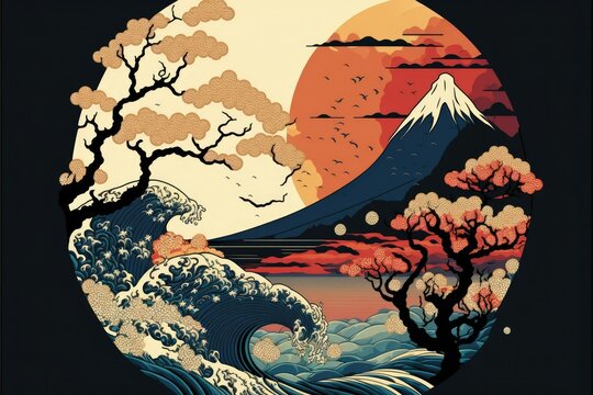 Fusion between Pop art deco and traditional Japanese ukiyo-e art, ai art