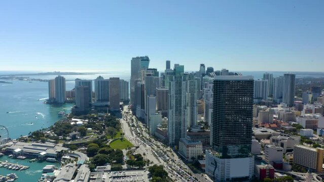 Aerial drone city tour 4k Miami. Drone View Downtown Miami. Aerial over Miami Beach, FL and Ocean Drive. Aerial drone footage flying directly above a city. 