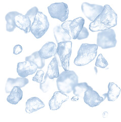 Ice Cubes explosion flying, crystal clear ice wave floating, fall down in air. Ice Brick block cube...