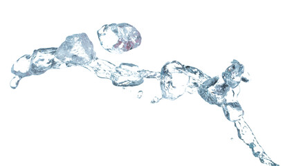 Ice Cubes explosion flying, crystal clear ice wave floating, fall down in air. Ice Brick block cube is frozen water healthy thirsty. White background Isolated high speed shutter, freeze stop motion
