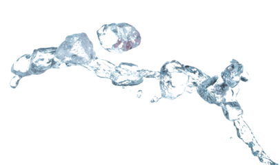 Ice Cubes explosion flying, crystal clear ice wave floating, fall down in air. Ice Brick block cube is frozen water healthy thirsty. White background Isolated high speed shutter, freeze stop motion