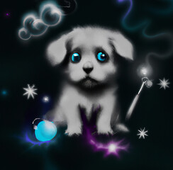 Generative AI Cute magical puppy dog and on a black background