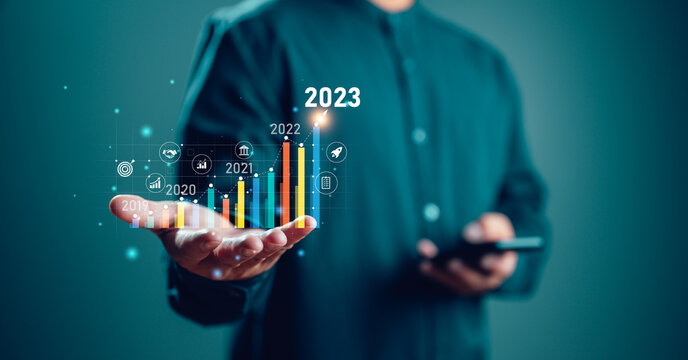 Growth And Development Chart Of Company In New Year 2023. Planning, Long Term Investment, Opportunity, Challenge And Business Strategy In New Year 2023. Development To Success And Motivation.