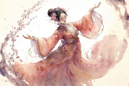chinese woman in traditional hanfu dancing,  sakura cherry blossom trees, watercolor painting in pink, generative AI