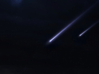 Two meteorites fall to Earth at night. Space objects in the starry sky. Scientific observation of shooting stars, meteors. Astronomical photo.