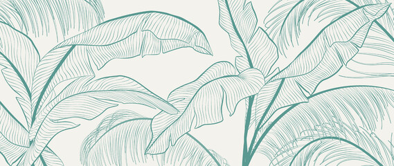 Abstract art background with tropical leaves hand drawn in art line style. Botanical banner for decoration design, wallpaper, print, textile, interior design, packaging.