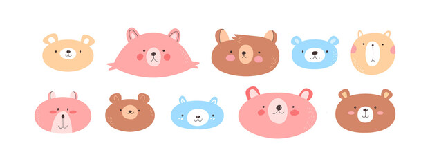 Cute little bears animal illustration set on isolated white background. Hand drawn happy bear face collection for baby or kids design.