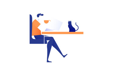 Young man working from home office with laptop computer and pet cat at desk. Modern freelance worker or remote online business concept in trendy flat gradient cartoon style. - obrazy, fototapety, plakaty