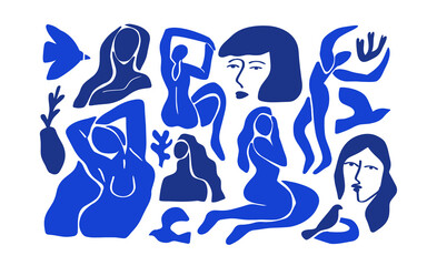 Set of abstract blue women illustration collection. Big bundle of flat cartoon woman figures, young vintage matisse art female body studies. Beautiful fine artwork for fashion or modern trend project.