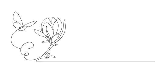 One continuous line drawing of butterfly with flower. Thin curl border and flying wing symbol in simple linear style. Editable stroke. Minimalistic Doodle vector illustration