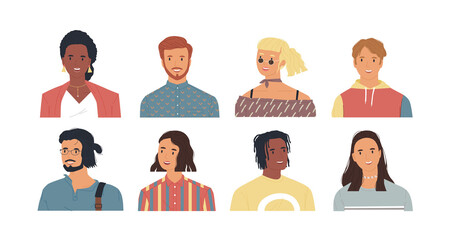 Diverse young people portrait set, adult men and women team on isolated white background. Modern college student, business worker characters smiling for greeting or product presentation.	