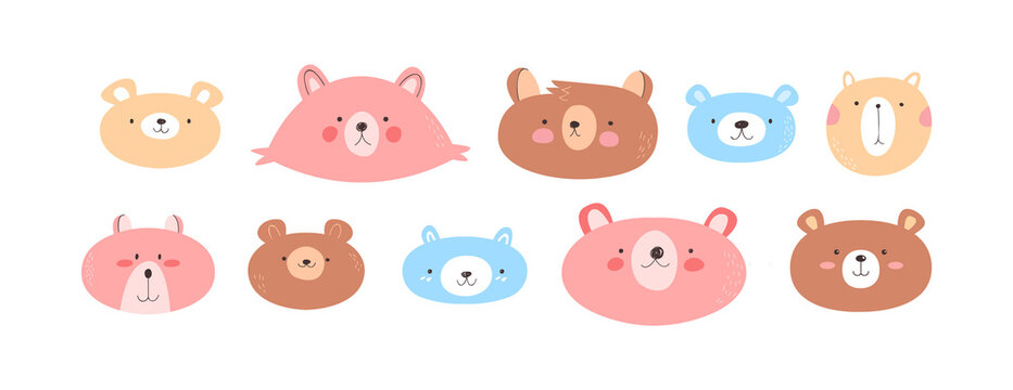 Cute Little Bears Animal Illustration Set On Isolated White Background. Hand Drawn Happy Bear Face Collection For Baby Or Kids Design.