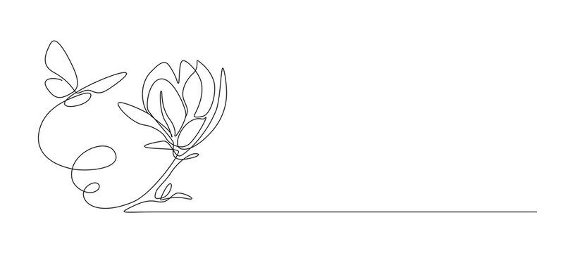 One continuous line drawing of butterfly with flower. Thin curl border and flying wing symbol in simple linear style. Editable stroke. Minimalistic Doodle vector illustration