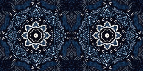 Retro indigo floral bandana 2 tone patterned fabric border background. Seamless boho denim blue banner edge design. Fashion masculine endless edging trim . 