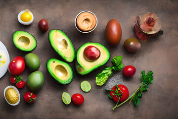 Naklejka na ściany i meble healthy food in a cooking table with avocados, tomatoes, eggs and other healthy food, 8 k resolution, food photography, studio lighting, sharp focus, generative ai