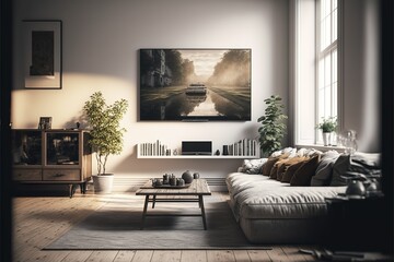 Modern living room interior in golden hour . Generative AI