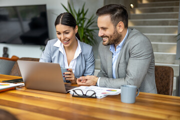 Two business people using laptop and discussing about new project at office