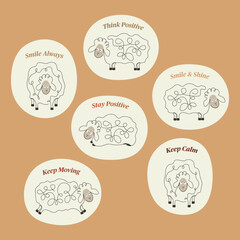 Set with different sheep characters and label with positive words