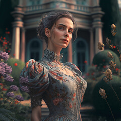 Closeup portrait of a beautiful woman in the garden. Digital art. Generative AI.