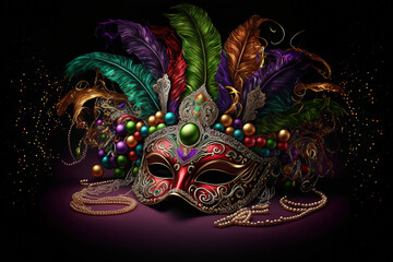 Colorful carnival mask and beads decoration. Venice carnival concept. Generative AI.