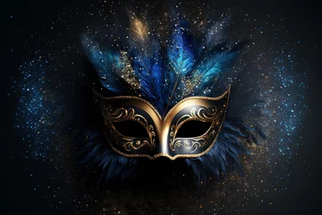 Tuinposter Luxury blue and golden carnival mask for Venice carnival. Venetian costume. Generative AI. © Oier