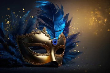 Keuken spatwand met foto Luxury blue and golden carnival mask for Venice carnival with abstract blurred golden background. Generative AI. © Oier