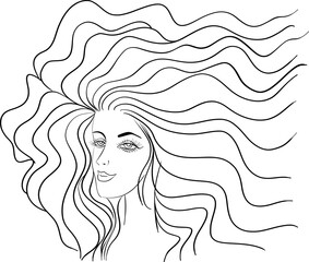 Young beautiful girl with long wavy hair curls. Volume, Haircut, Hairdressing. Black and white line sketch illustration portrait. 