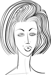 Young beautiful girl with long wavy hair curls. Volume, Haircut, Hairdressing. Black and white line sketch illustration portrait. 