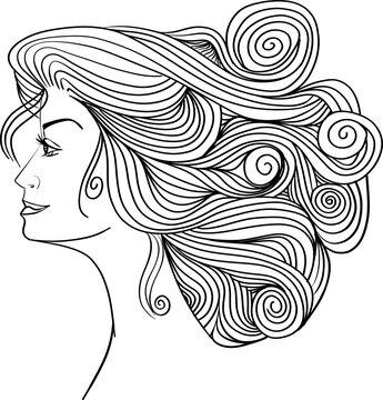 Young beautiful girl with long wavy hair curls. Volume, Haircut, Hairdressing. Black and white line sketch illustration portrait. 