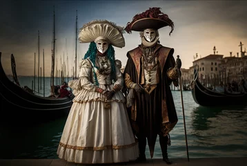 Foto op Canvas Full length body portrait of a couple with venetian masks with gondolas at the background. Venice carnival. Generative AI. © Oier