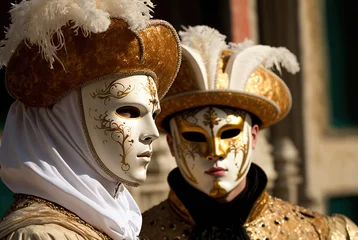 Fotobehang Close up portrait of two young people with golden venetian masks in Venice carnival party. Generative AI. © Oier
