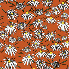 Blossom Seamless Pattern with Daisy. Retro 1970 Peace Style. Floral Seventies Background. Color vector texture for fashion, fabric, wallpaper, print. Hand drawn abstract flowers
