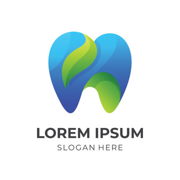 dental health logo design, tooth and leaf combination logo with 3d green and blue color style