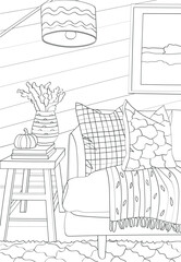 Room interior. Vector antistress coloring book on a white background.