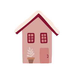 Winter cute cozy house. Sweet doodle pink home isolated on white background. Vector illustration