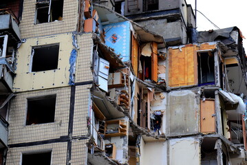 Russian missile strike on apartment building in Dnipro, Ukraine. Rocket destroyed house. Russia war...