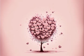 Abstract heart shaped tree with heart shaped leaves on pink banner, generative ai