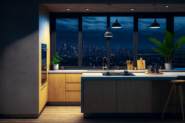 Modern kitchen interior of stylish modern kitchen with built in appliances and big windows with cityscape at night.