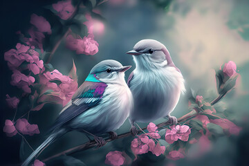 two Birds on spring nature, Luxury wallpaper, poster, AI illustration.