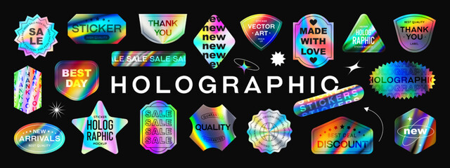 Holographic sticker set. Vector iridescent foil adhesive film, holography labels mockup and realistic holo textures. Shine metal badges of various shapes. Gradient sale and discount stickers. - obrazy, fototapety, plakaty