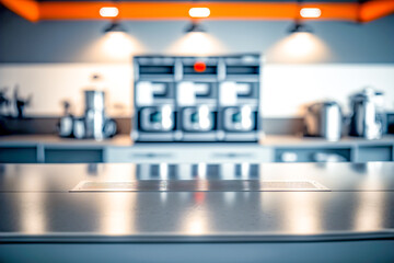 Coffee counter in modern bar of empty shiny counter for displaying in modern kitchen of bar with coffee maker on top. AI generated image.